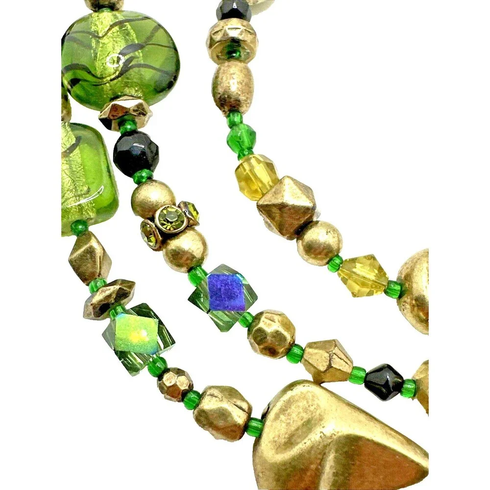 Vintage Green Gold Multi Strand Bead Necklace Boho Crystal Accents Box Clasp 16